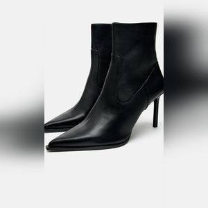 Zara Pointed Toe Heel Ankle Boot NEW 8 39 Black Leather NWT